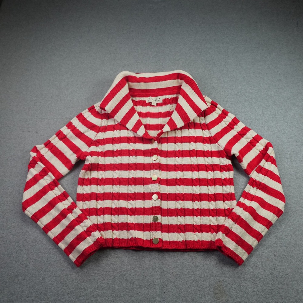 Marled Cardigan Womens Small Red White Striped Nautical Shawl Collar Sweater